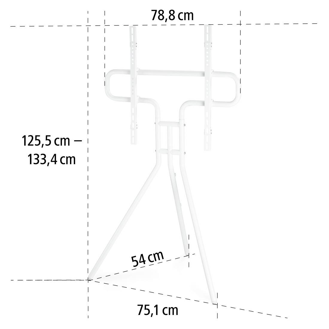 Weißer TV-Ständer mit verstellbaren Halterungen. Höhe: 125,5-133,4 cm, Breite: 78,8 cm, Tiefe: 54 cm. Standbeine: 75,1 cm.