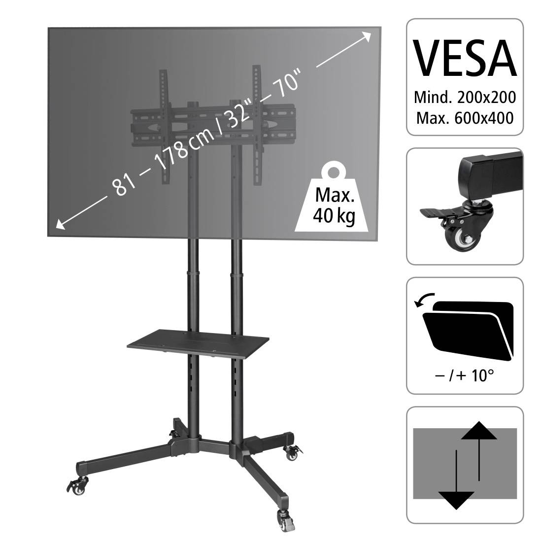Hama Trolley TV-Rollwagen 81,3 cm (32") - 177,8 cm (70") Notebook-Ablage, Neigbar, Höhenverstellbar