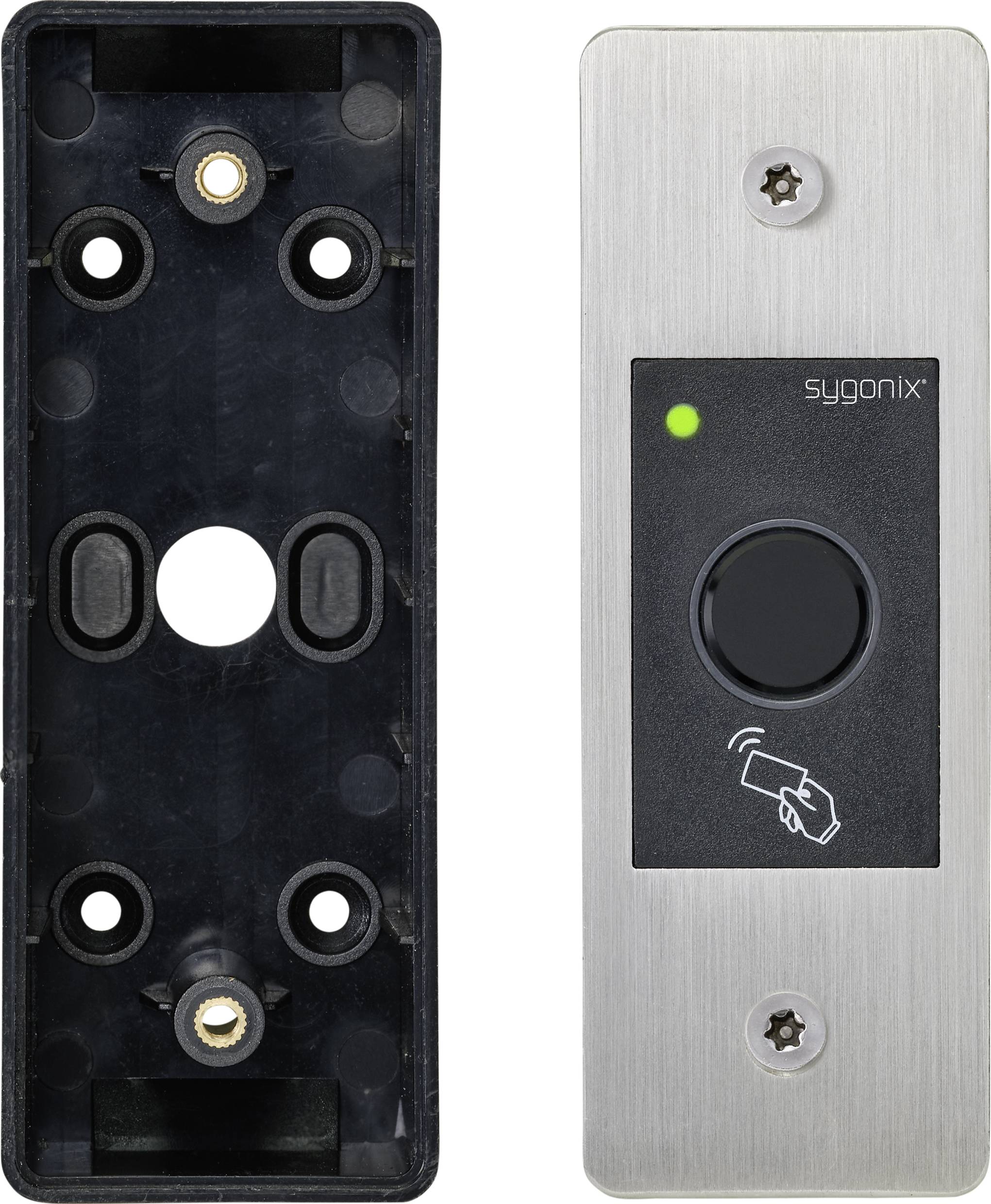 Türklopfer aus Edelstahl mit Klingelknopf und Fingerzeichnung für berührungslose Betätigung, daneben Montagesockel.