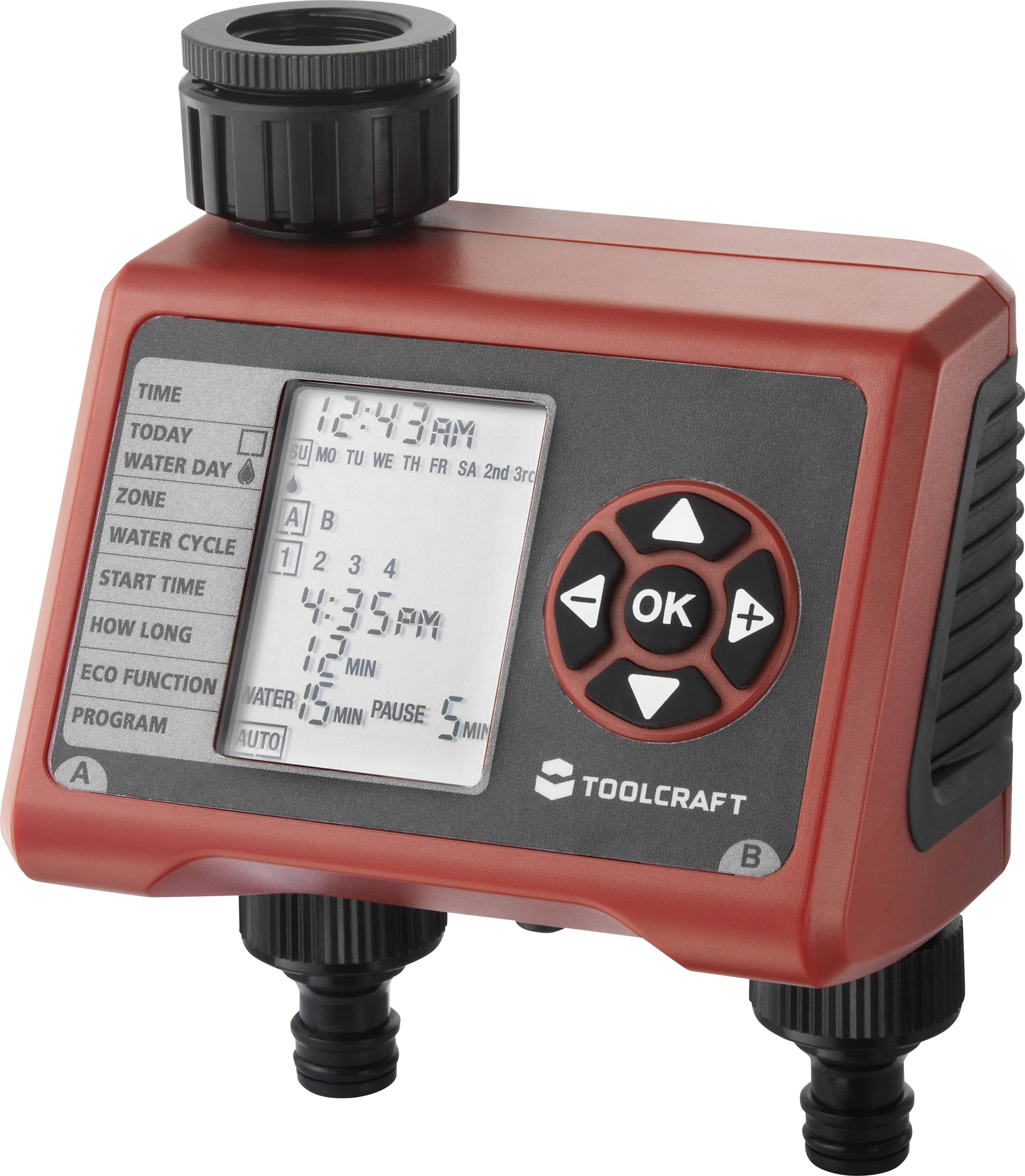 Bewässerungssteuergerät mit digitalem Display, Zeiteinstellungen und Bedienelementen. Markenname 'TOOLCRAFT' sichtbar.