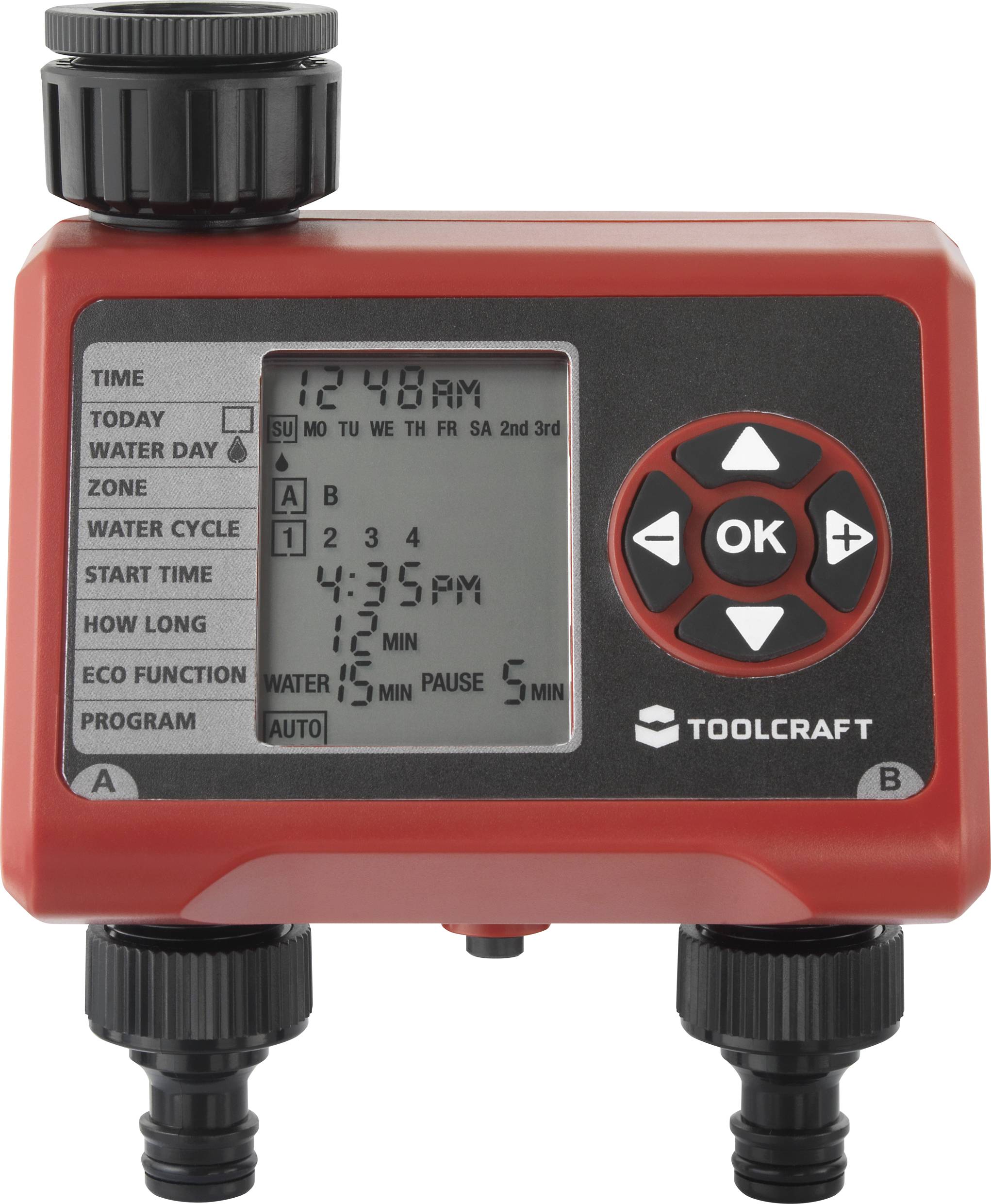 Ein roter digitaler Bewässerungscomputer zeigt die Uhrzeit 12:48 AM. Es bietet Einstellungen für Startzeit, Zonen, Zyklen und ECO-Funktion.
