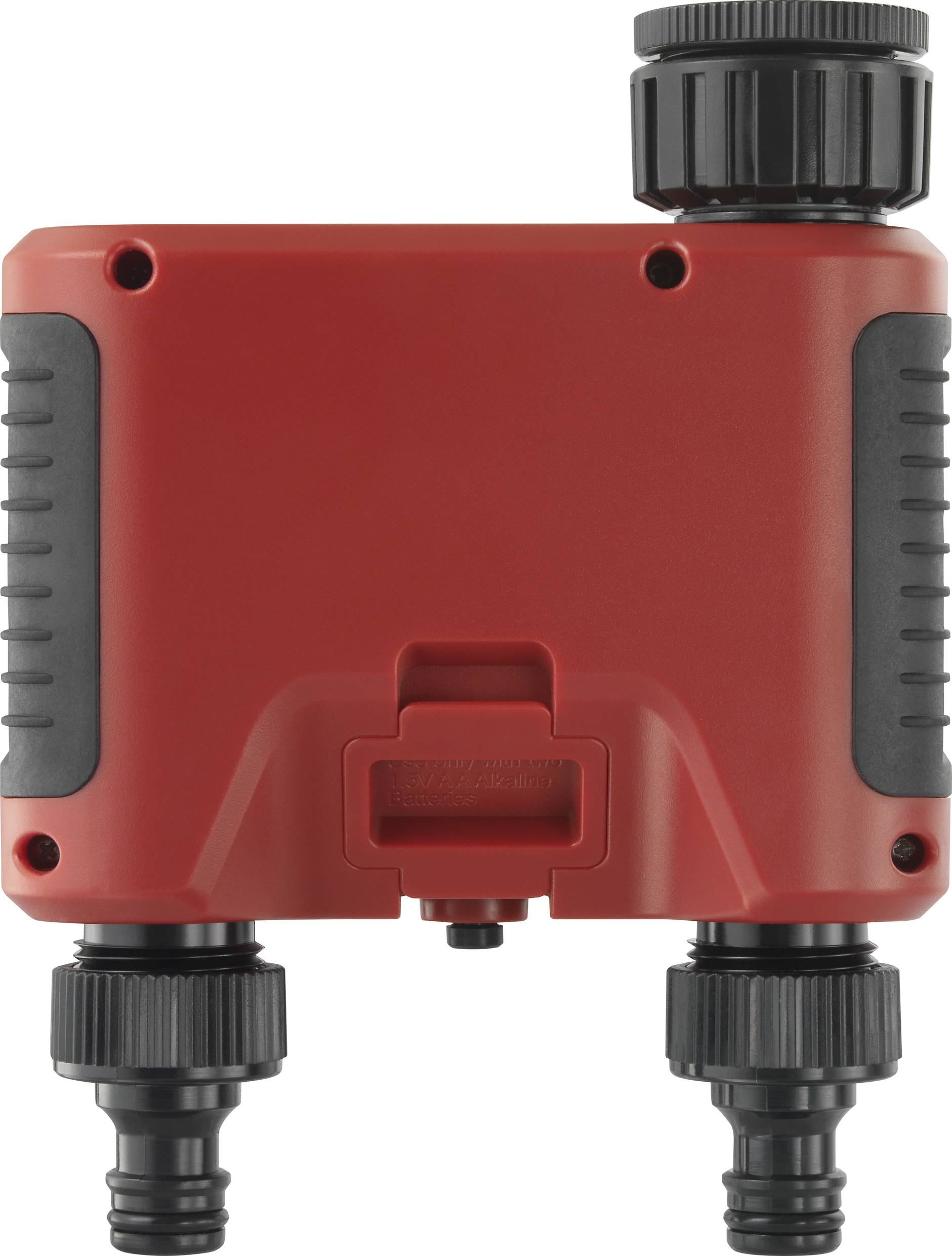 Ein rotes, rechteckiges Gartenventil mit zwei schwarzen Anschlüssen unten, geeignet zum automatischen Bewässern von Pflanzen.