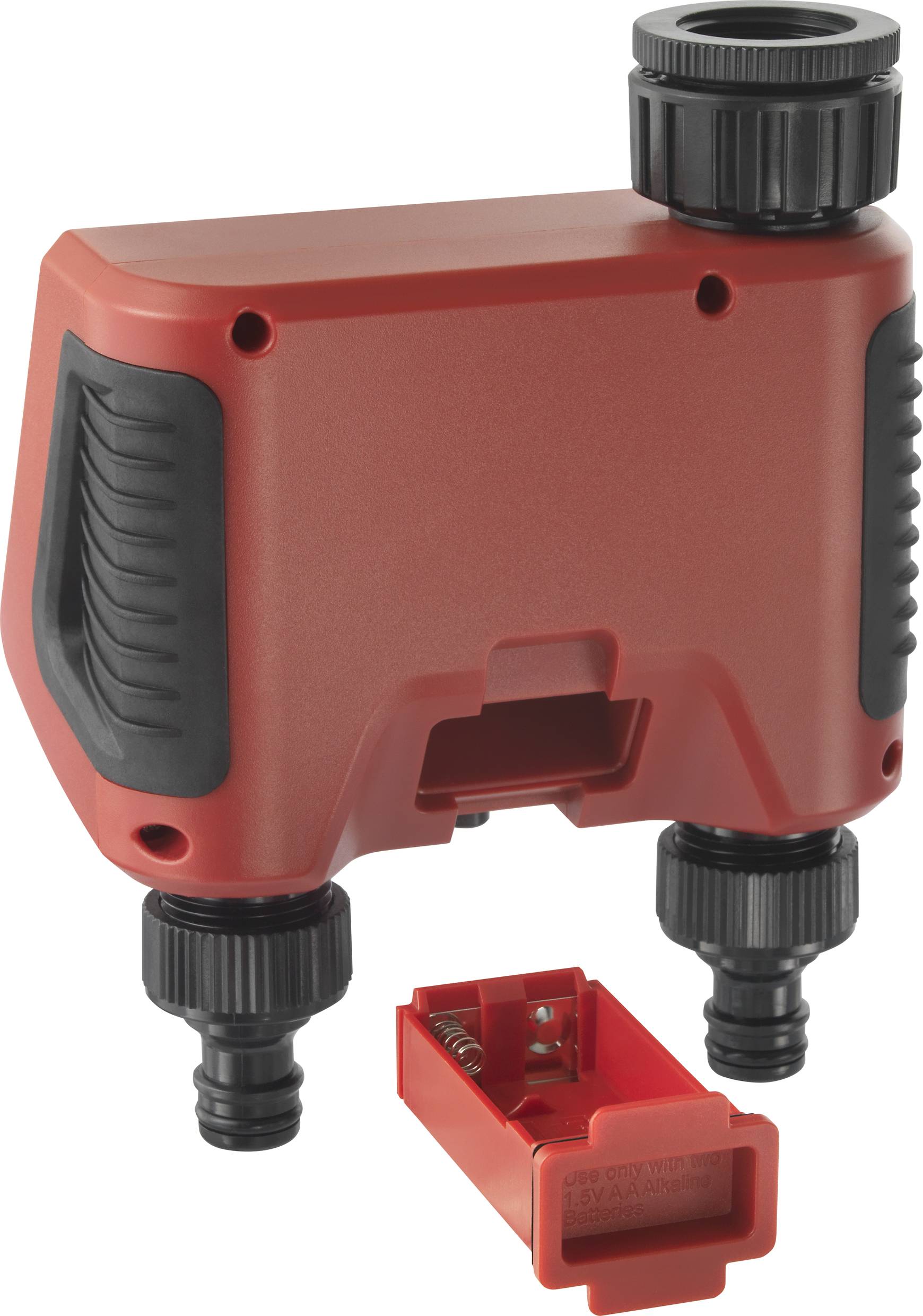 Rote Wasserpumpe mit schwarzen Anschlüssen, erkennbar durch einen offenen roten Batteriefachdeckel im Vordergrund.