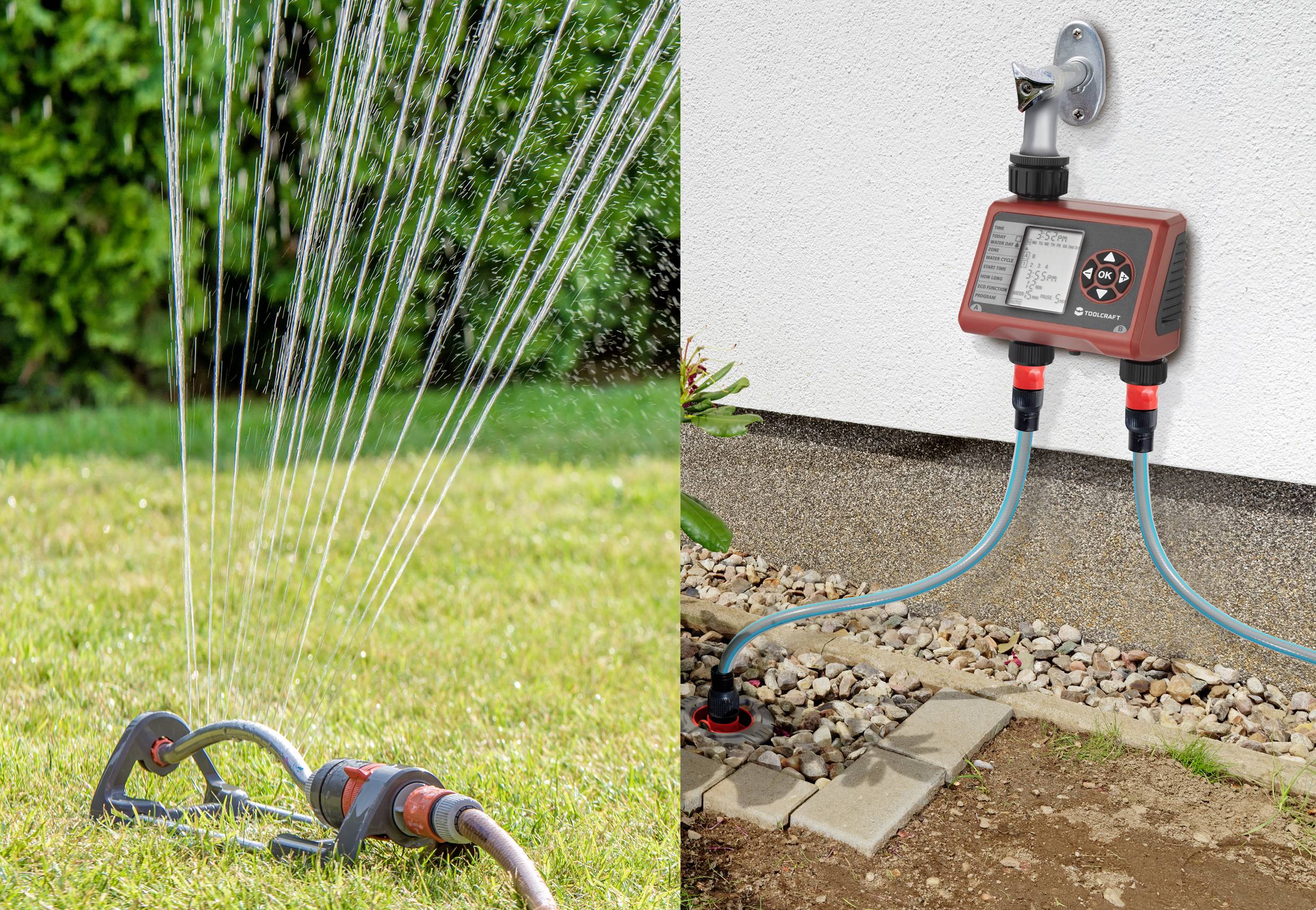 Ein Rasen wird von einem Sprinkler bewässert. Rechts ist ein automatisches Bewässerungssystem an einer Hauswand zu sehen.