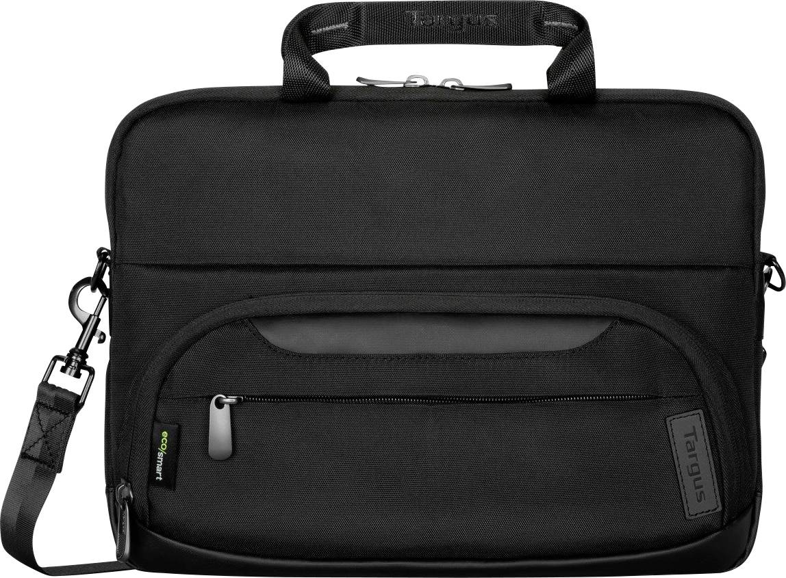 Schwarze Umhängetasche mit Reißverschlussfächern und Tragegriff. Ideal für Laptops oder Tablets.