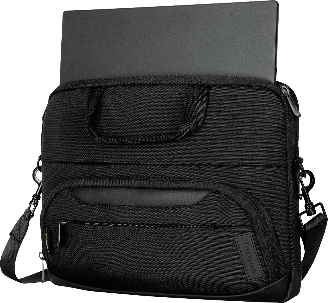 Eine schwarze Laptoptasche mit einem Laptop, der teilweise herausragt. Die Tasche hat Fächer und einen Schulterriemen.