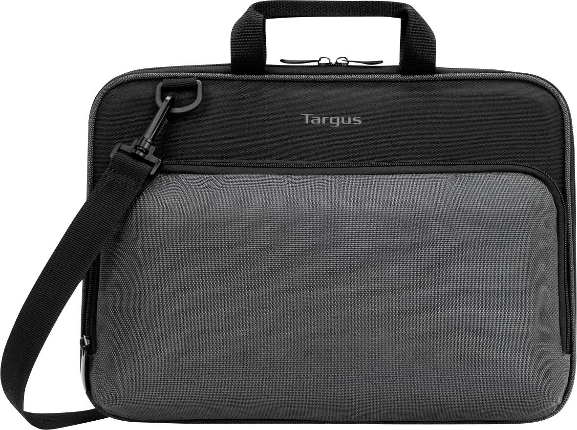 Schwarze Laptop-Tasche mit grauem vorderem Fach, Reißverschluss und Schulterriemen. Geeignet für den sicheren Transport eines Laptops.