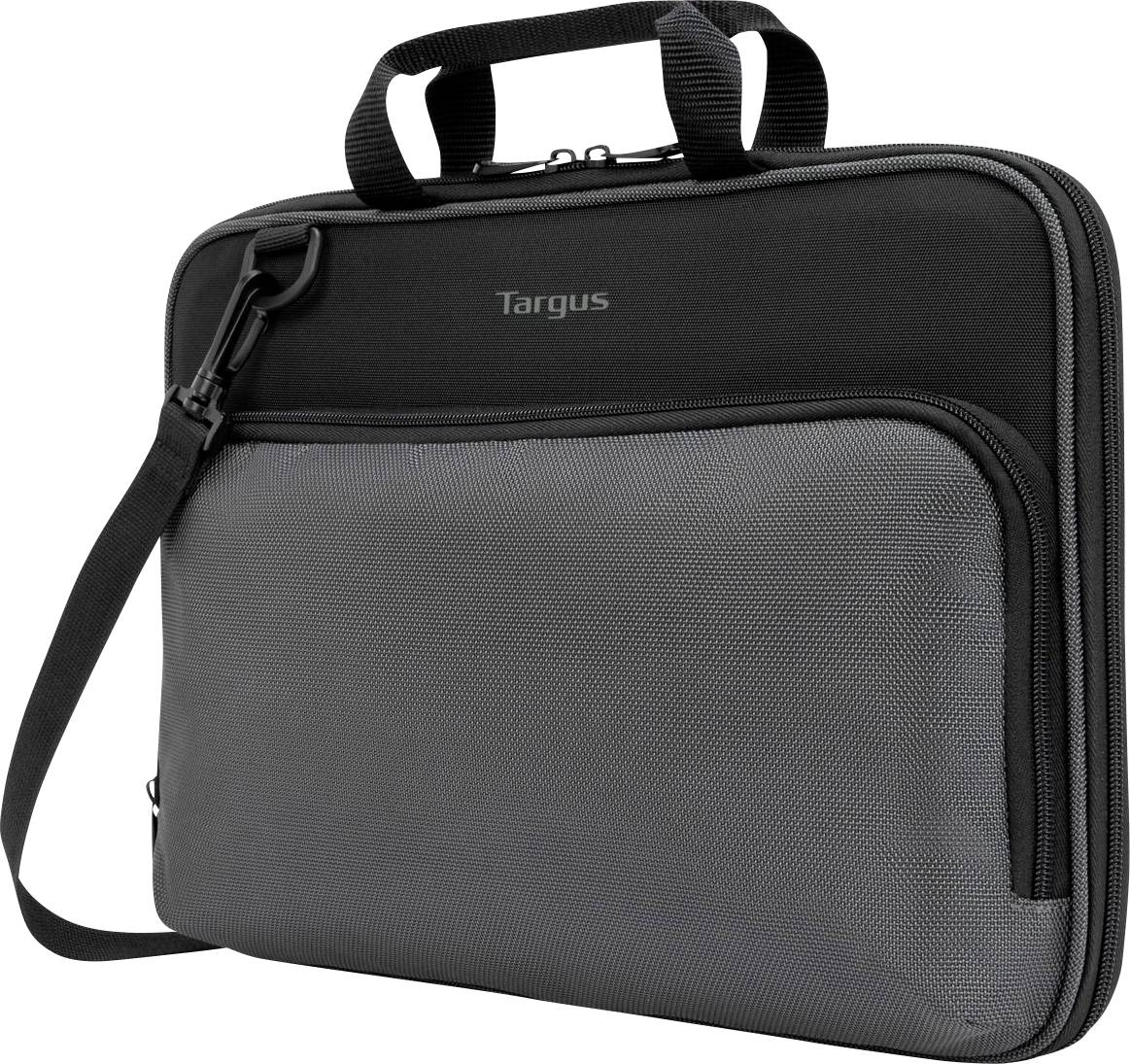 Eine schwarze Laptop-Tasche mit Tragegriff und Schultergurt, vorne mit einer aufgesetzten grauen Reißverschlusstasche.