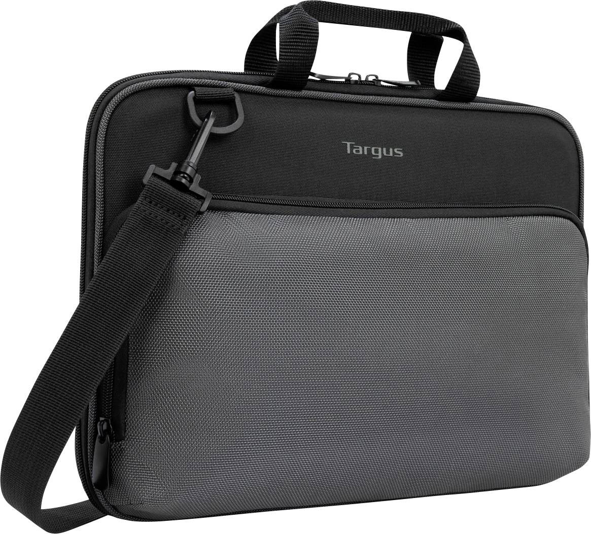Schwarze und graue Laptoptasche mit Reißverschluss, Tragegriff und Schultergurt.