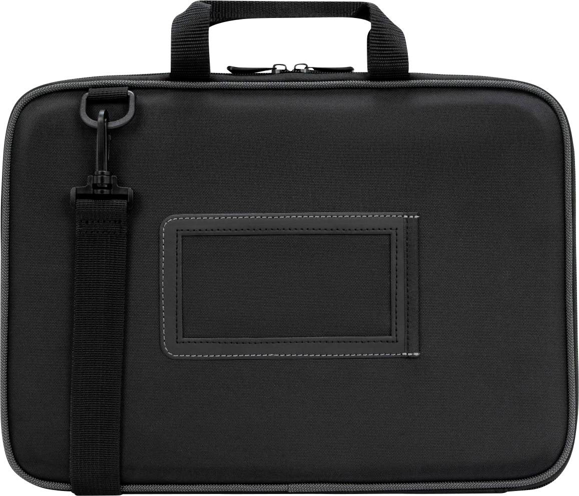 Eine schwarze Laptop-Tasche mit Griff und Schulterriemen, rechteckige Form. Sie hat ein Fach mit Fenster auf der Vorderseite.