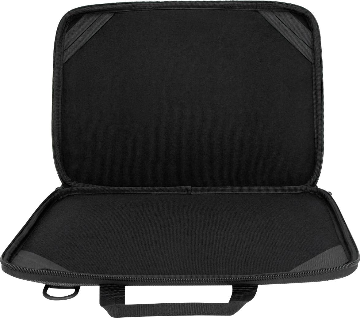 Schwarze Notebook-Tasche geöffnet, zeigt leeres Innenfach.