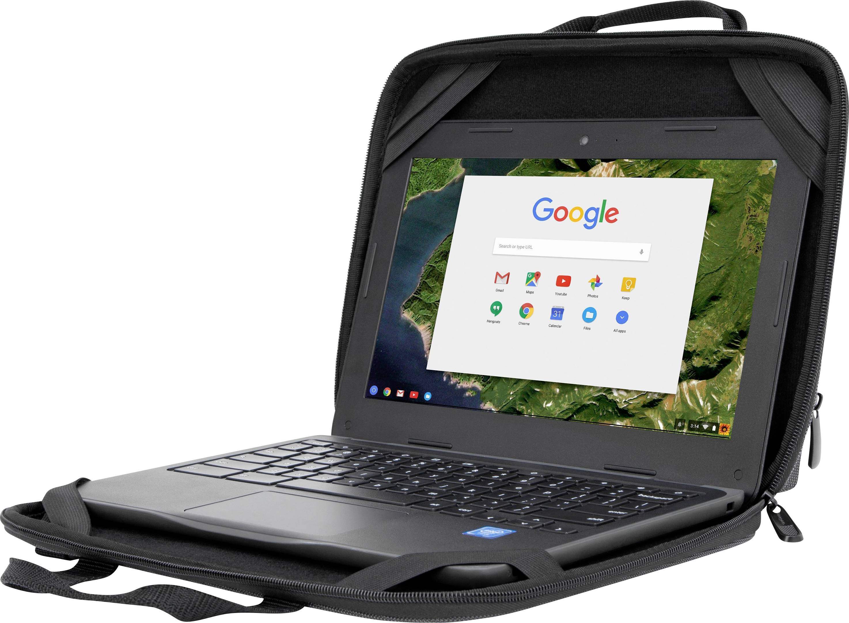 Ein Laptop in einer Schutzhülle zeigt den Startbildschirm eines Webbrowsers mit geöffneter Suchmaschine an.