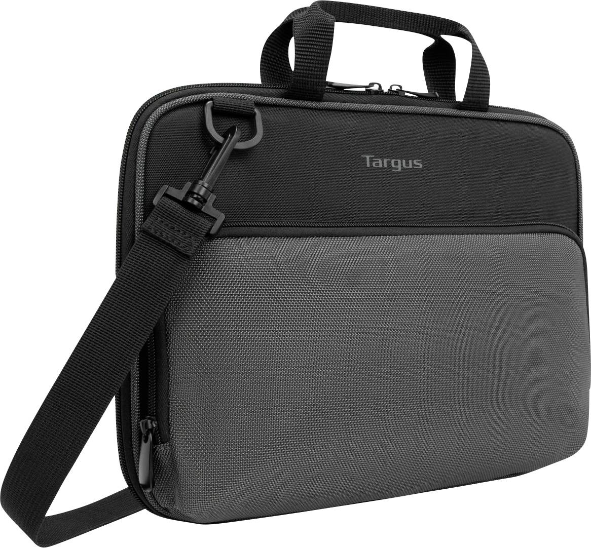 Schwarze und graue Laptoptasche mit Tragegriff und abnehmbarem Schultergurt. Geeignet für den sicheren Transport eines Laptops.