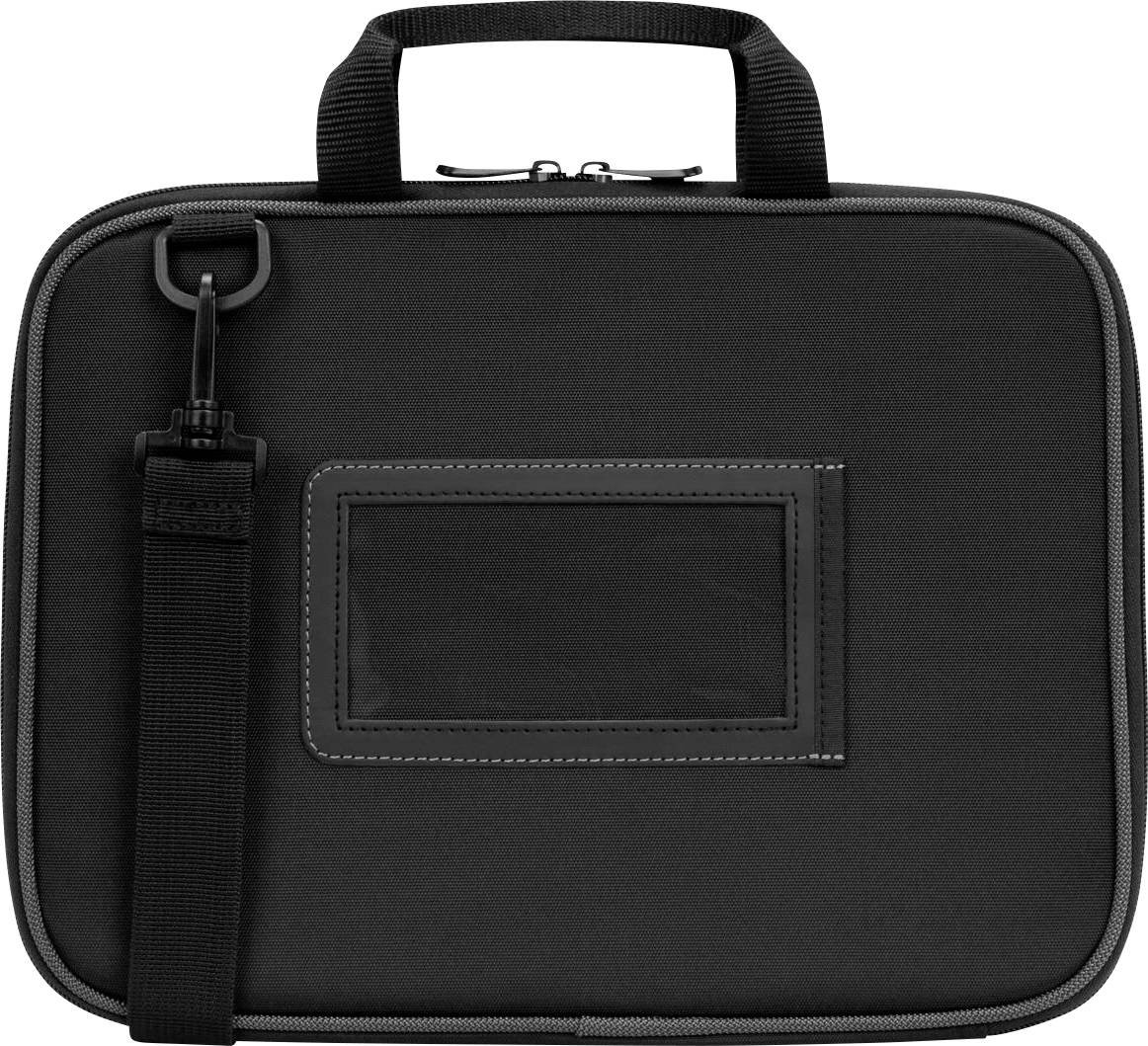 Eine schwarze Tasche mit Tragegriff und abnehmbarer Schulterriemen. Geeignet zum Transport von Geräten oder Dokumenten.