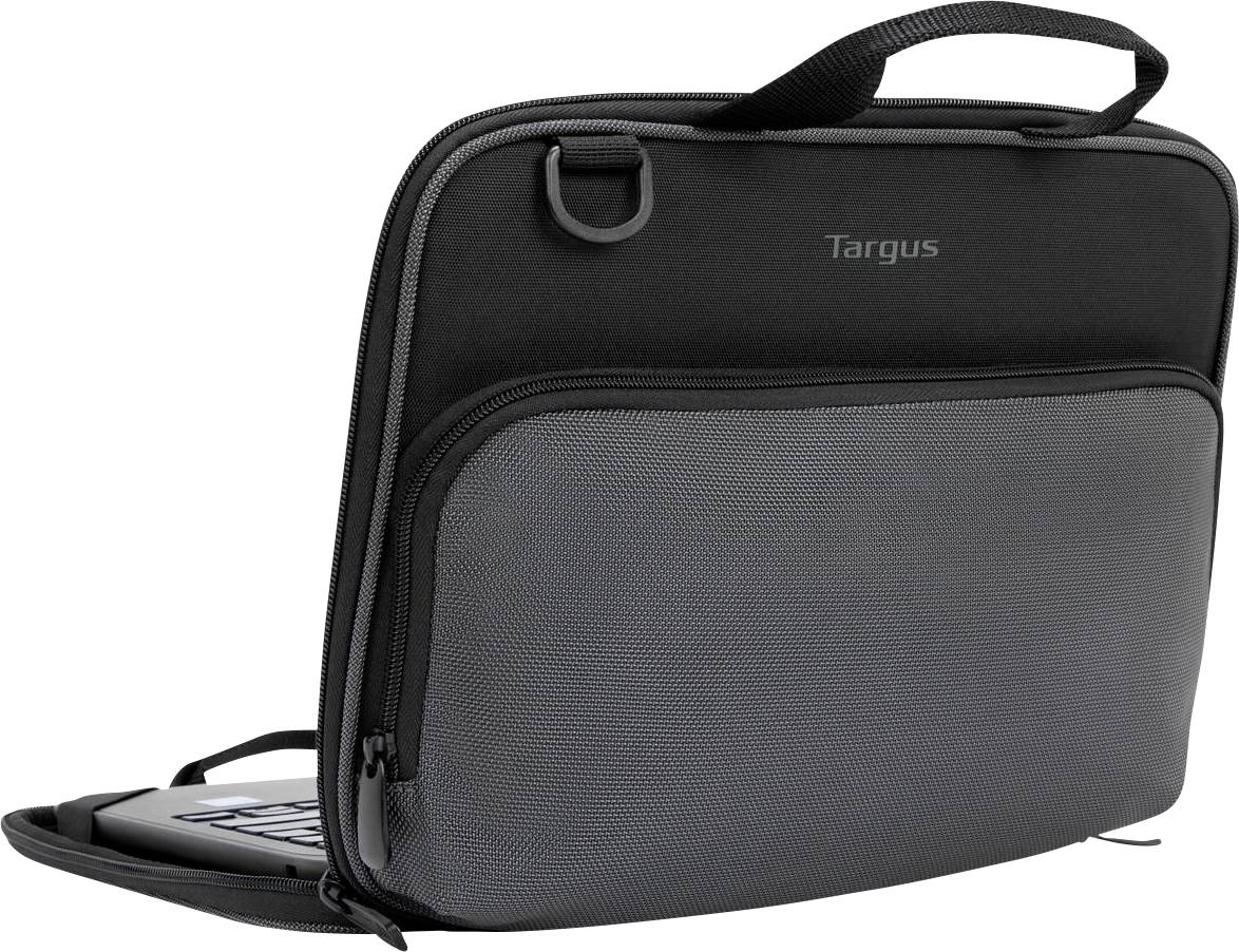 Eine schwarze Laptoptasche, teilweise geöffnet, zeigt einen Laptop im Inneren. Die Tasche hat einen Tragegriff und eine Außentasche.