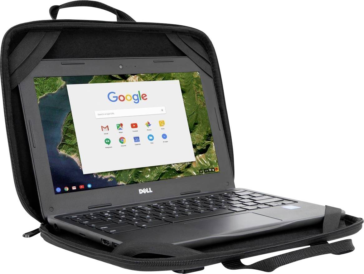 Ein Dell-Laptop mit geöffneter Google-Startseite auf dem Bildschirm. Der Laptop befindet sich in einer Tragetasche.