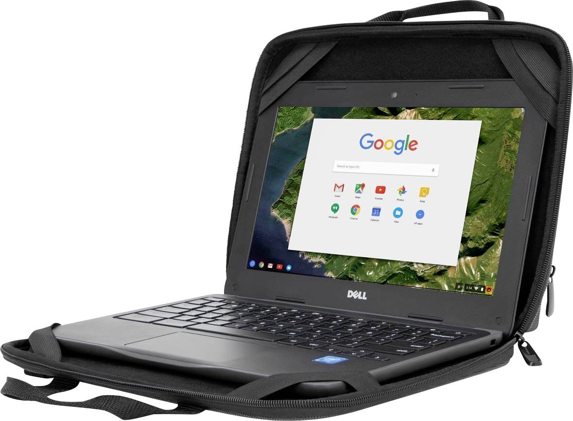Ein Laptop in einer Schutzhülle ist geöffnet und zeigt den Browser mit der Google-Startseite auf dem Bildschirm.