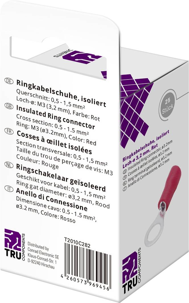 TRU COMPONENTS T2010C282 Ringkabelschuh Querschnitt (max.)=1.5mm² Loch-Ø=3.2mm Teilisoliert Rot 25St.