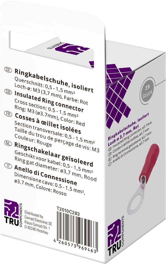 TRU COMPONENTS T2010C283 Ringkabelschuh Querschnitt (max.)=1.5mm² Loch-Ø=3.7mm Teilisoliert Rot 25St.