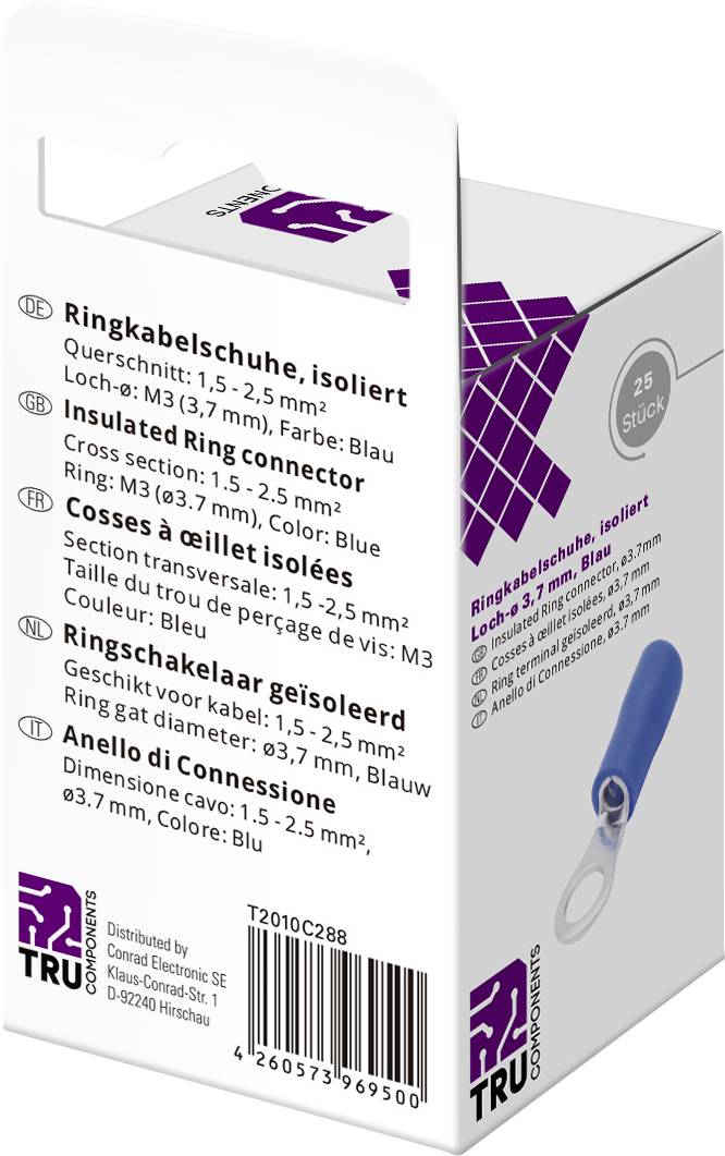 TRU COMPONENTS T2010C288 Ringkabelschuh Querschnitt (max.)=2.5mm² Loch-Ø=3.7mm Teilisoliert Blau 25St.
