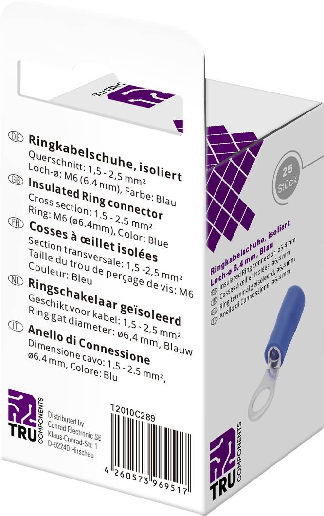 Karton mit 25 isolierten Ringkabelschuhen, Querschnitt 1,5 - 2,5 mm², Loch-Ø 6,4 mm, Farbe: Blau.