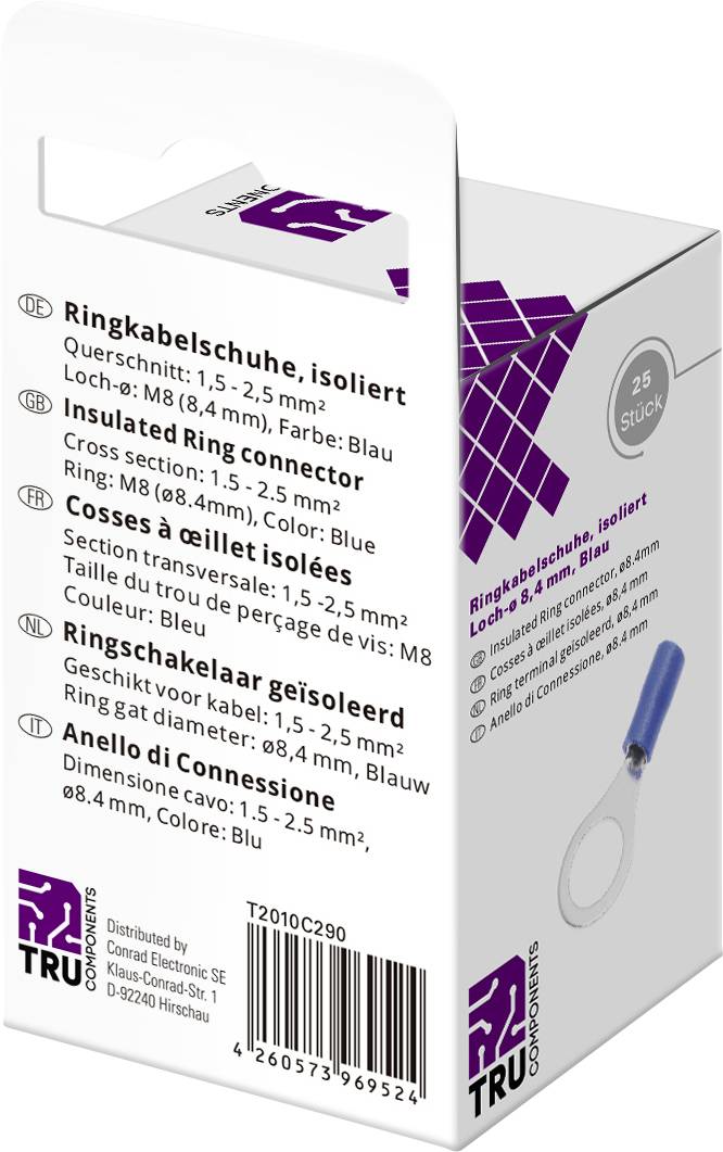 TRU COMPONENTS T2010C290 Ringkabelschuh Querschnitt (max.)=2.5mm² Loch-Ø=8.4mm Teilisoliert Blau 25St.