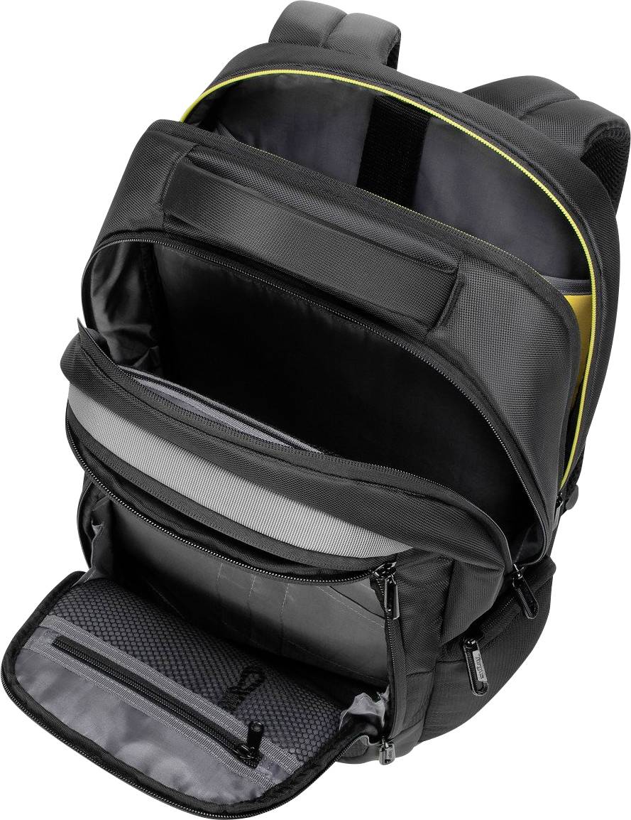 Ein schwarzer Rucksack mit mehreren geöffneten Fächern, darunter ein Laptopfach, ein mittleres Fach und kleinere Außentaschen.