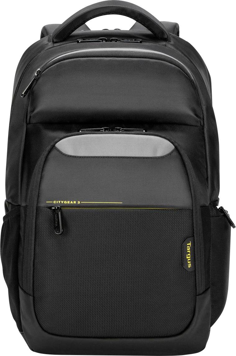 Schwarzer CityGear Rucksack mit mehreren Taschen und gelben Akzenten. Geeignet für den Transport von Laptops und Zubehör.