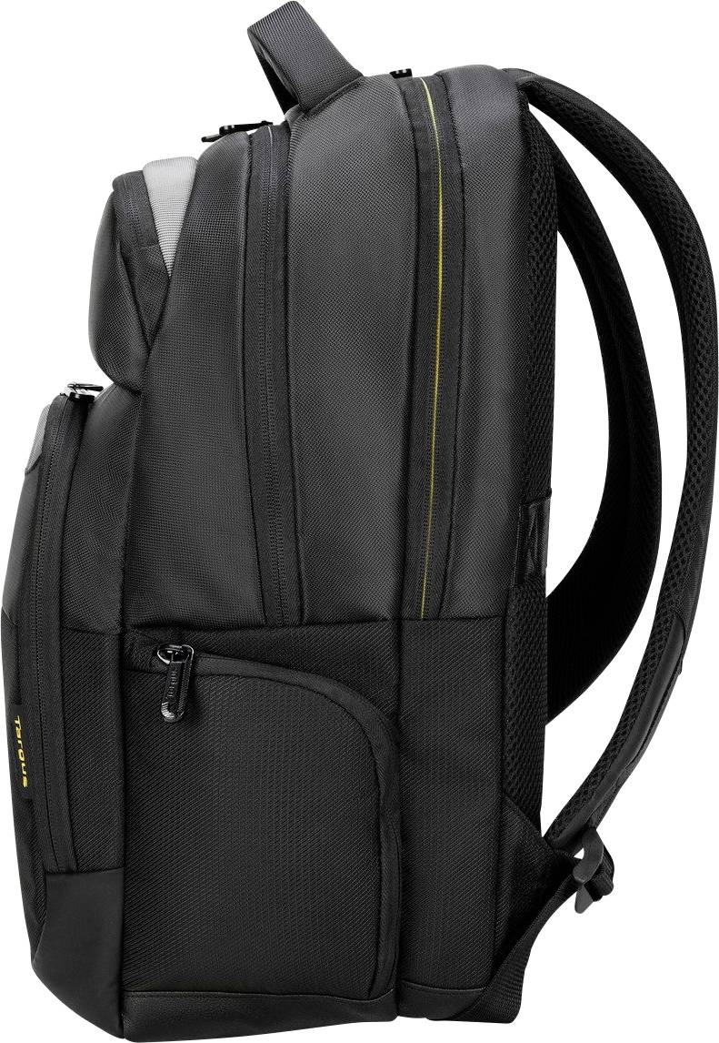 Schwarzer Rucksack mit gelben Akzenten, Laptopfach und mehreren Reißverschlusstaschen. Ideal für Reisen oder Arbeit.