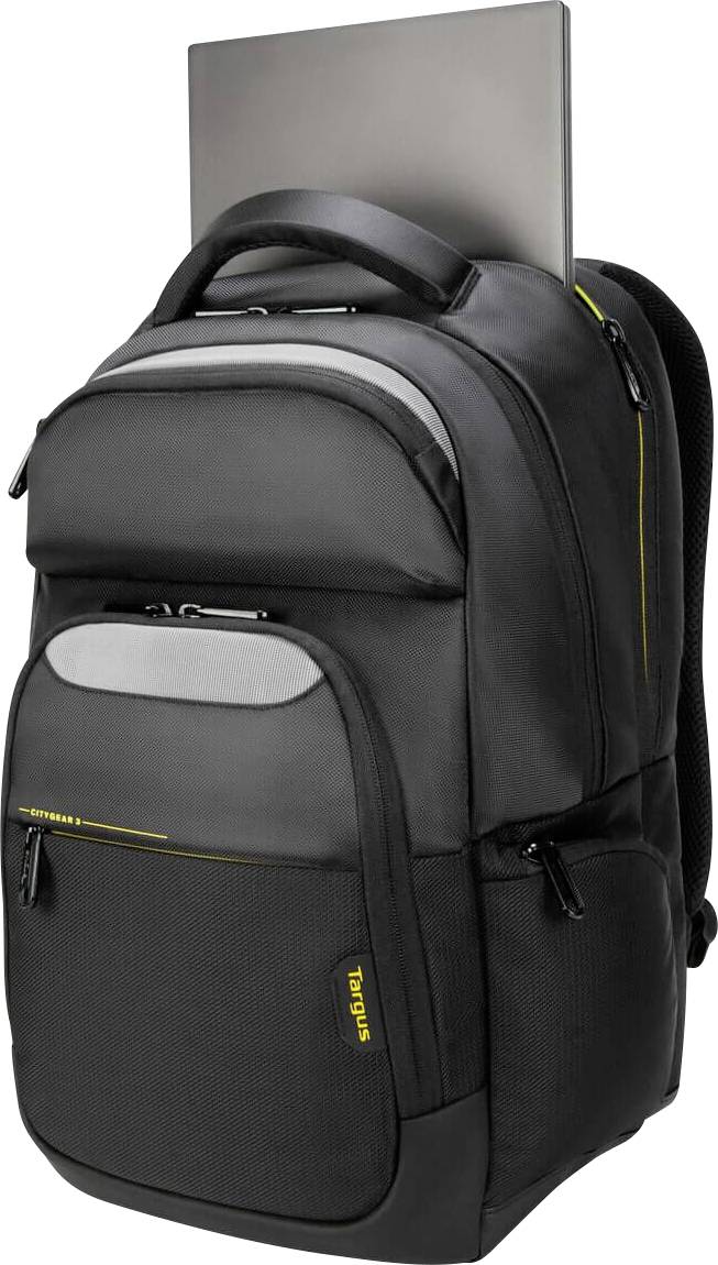 Ein schwarzer Rucksack mit mehreren Fächern; ein Laptop ragt oben heraus. Die Marke des Rucksacks ist auf einer Tasche zu sehen.