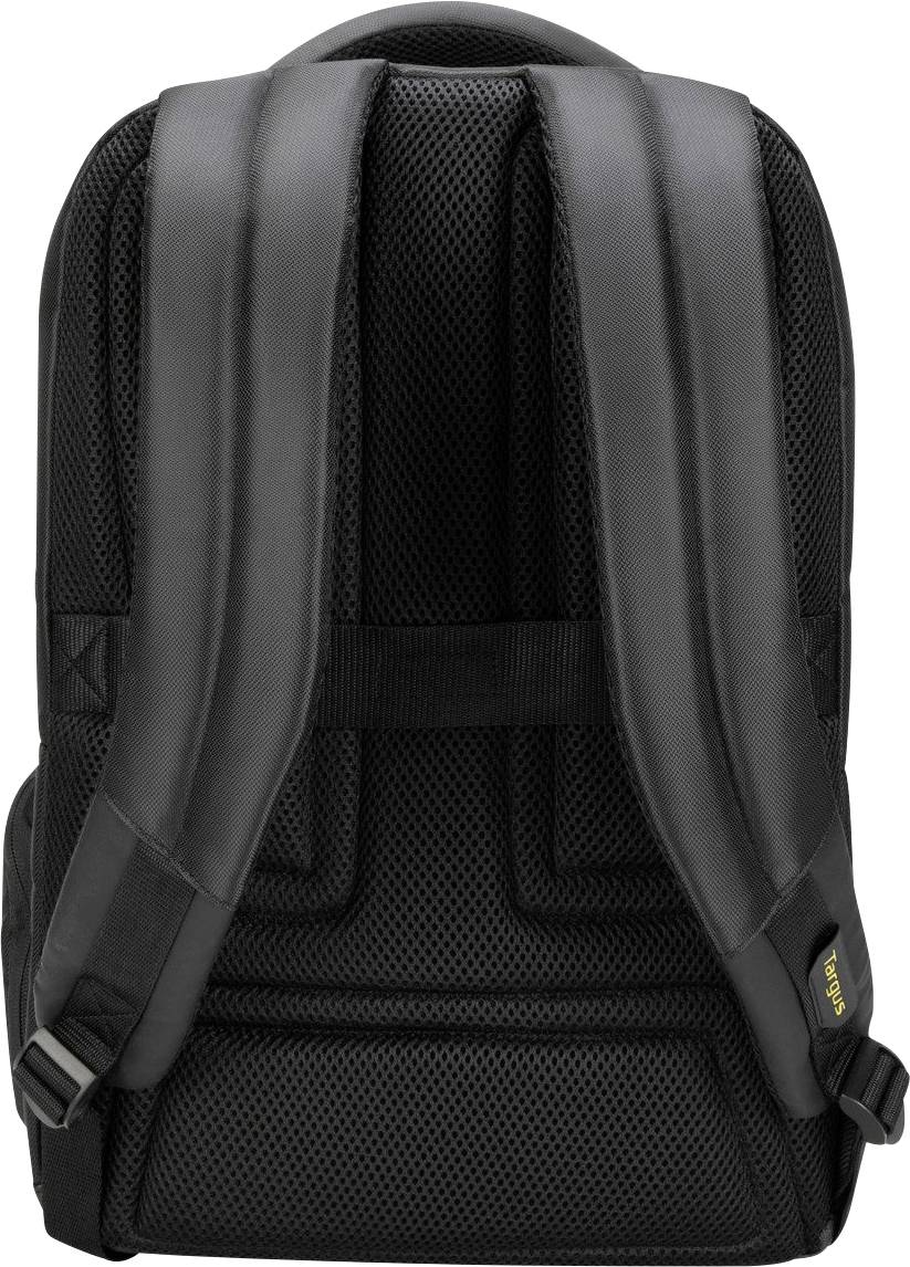 Schwarzer Rucksack von hinten gezeigt, mit gepolsterten Trägern und atmungsaktivem Rückenteil. Geeignet für Laptops und Bücher.