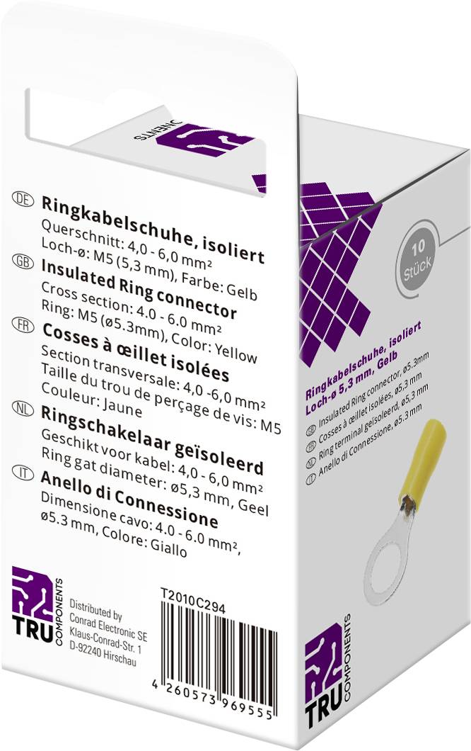TRU COMPONENTS T2010C294 Ringkabelschuh Querschnitt (max.)=6.0mm² Loch-Ø=5.3mm Teilisoliert Gelb 10St.