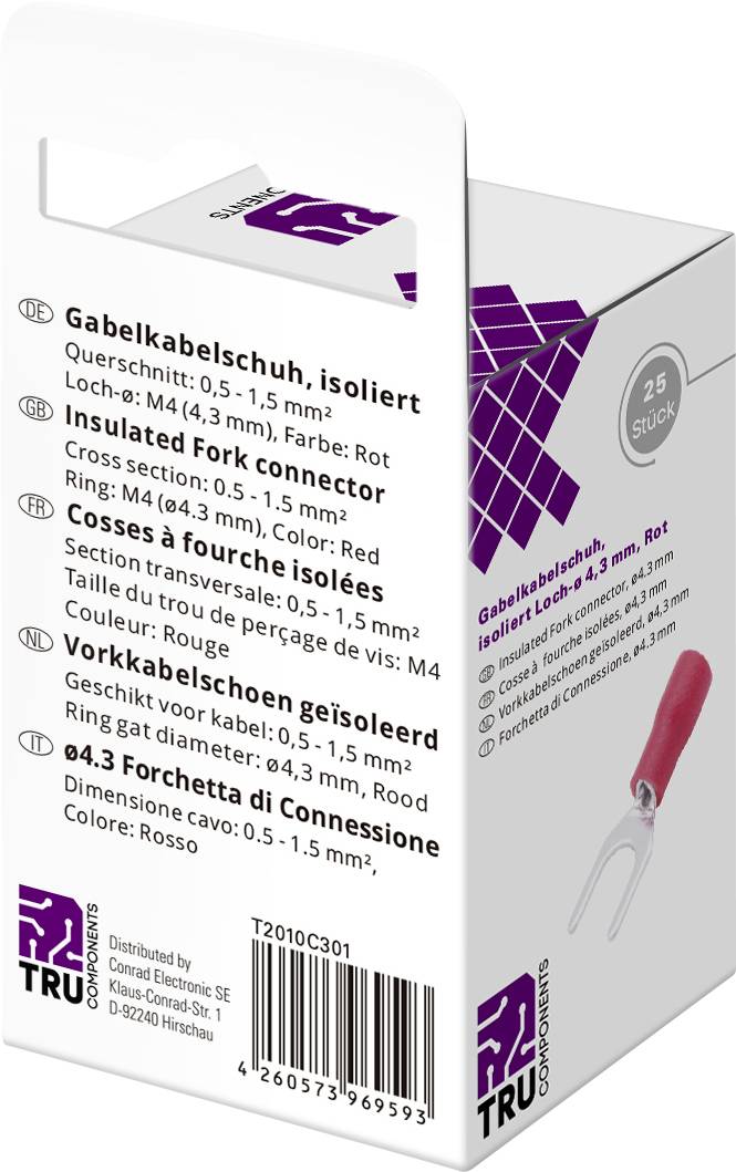 TRU COMPONENTS T2010C301 Gabelkabelschuh 0.5mm² 1.5mm² Loch-Ø=4.3mm Teilisoliert Rot 25St.
