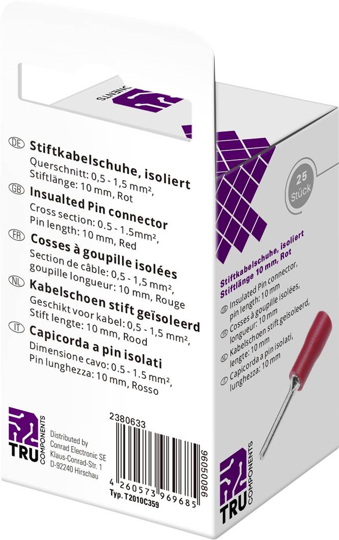 TRU COMPONENTS T2010C359 Stiftkabelschuh 0.5mm² 1.5mm² Teilisoliert Rot 25St.
