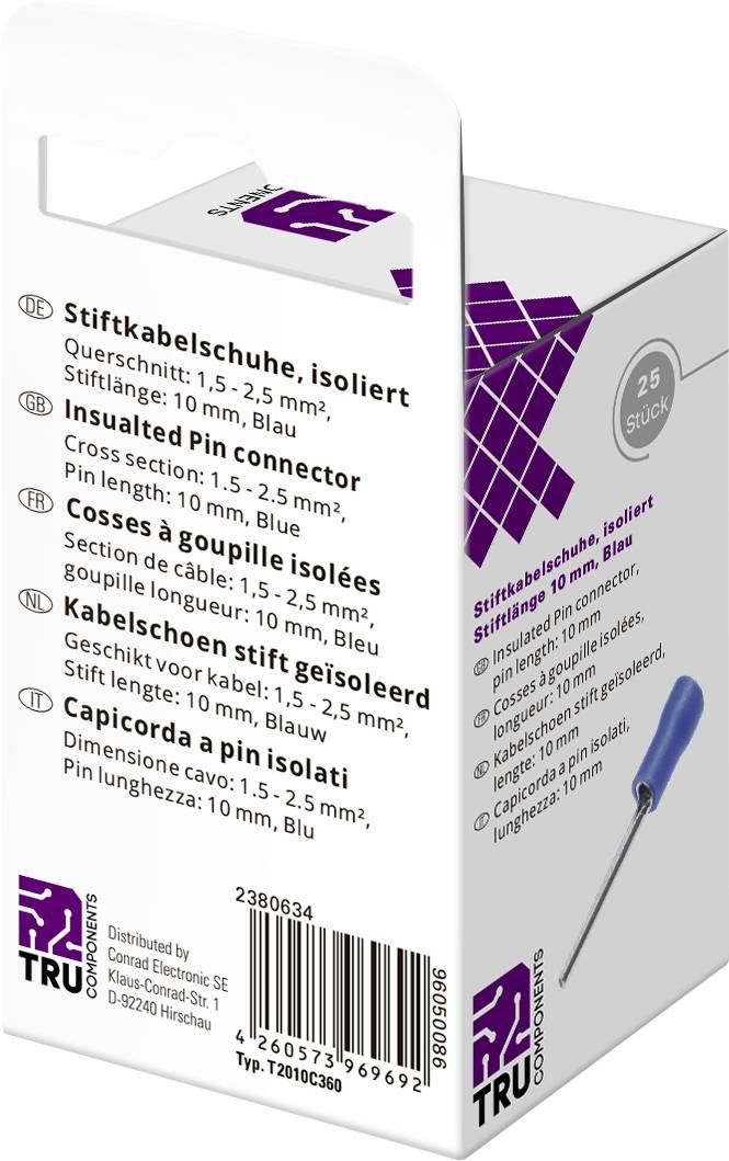 TRU COMPONENTS T2010C360 Stiftkabelschuh 1.5mm² 2.5mm² Teilisoliert Blau 25St.