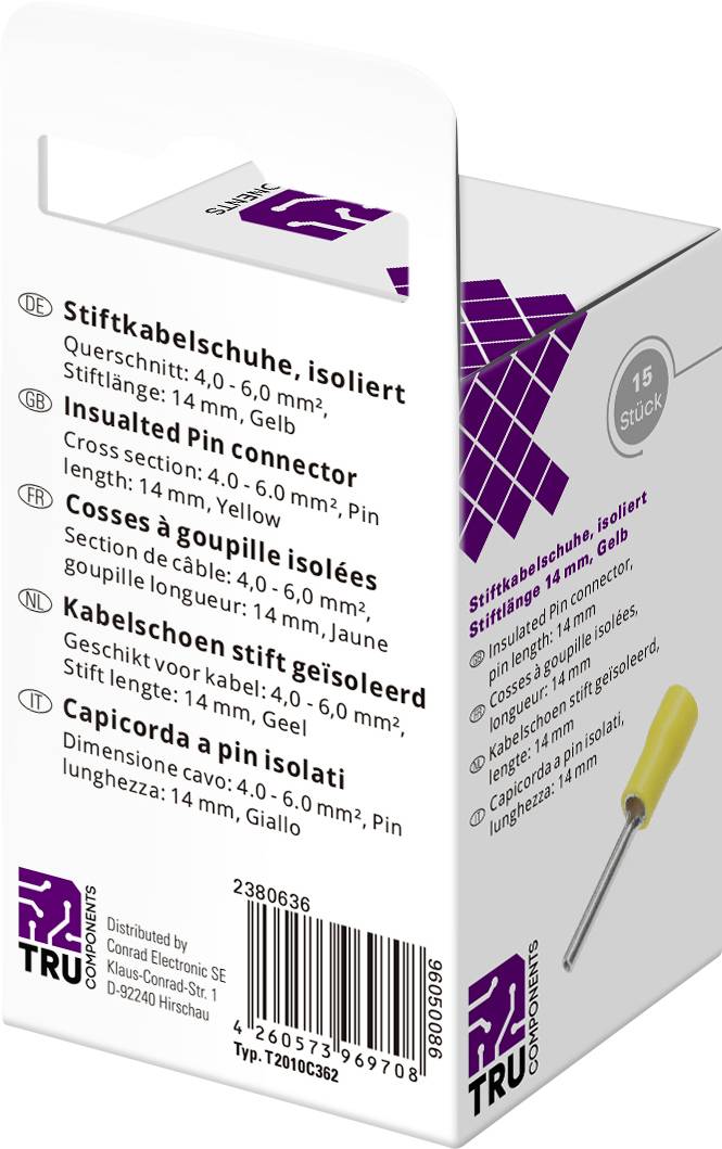 TRU COMPONENTS T2010C362 Stiftkabelschuh 4.0mm² 6.0mm² Teilisoliert Gelb 15St.