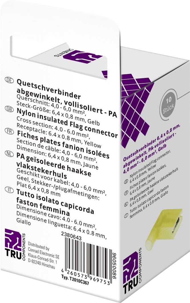 TRU COMPONENTS T2010C367 Quetschverbinder-Sortiment Steckbreite: 6.4mm Steckdicke: 0.8mm 90° Vollisoliert Gelb 10St.