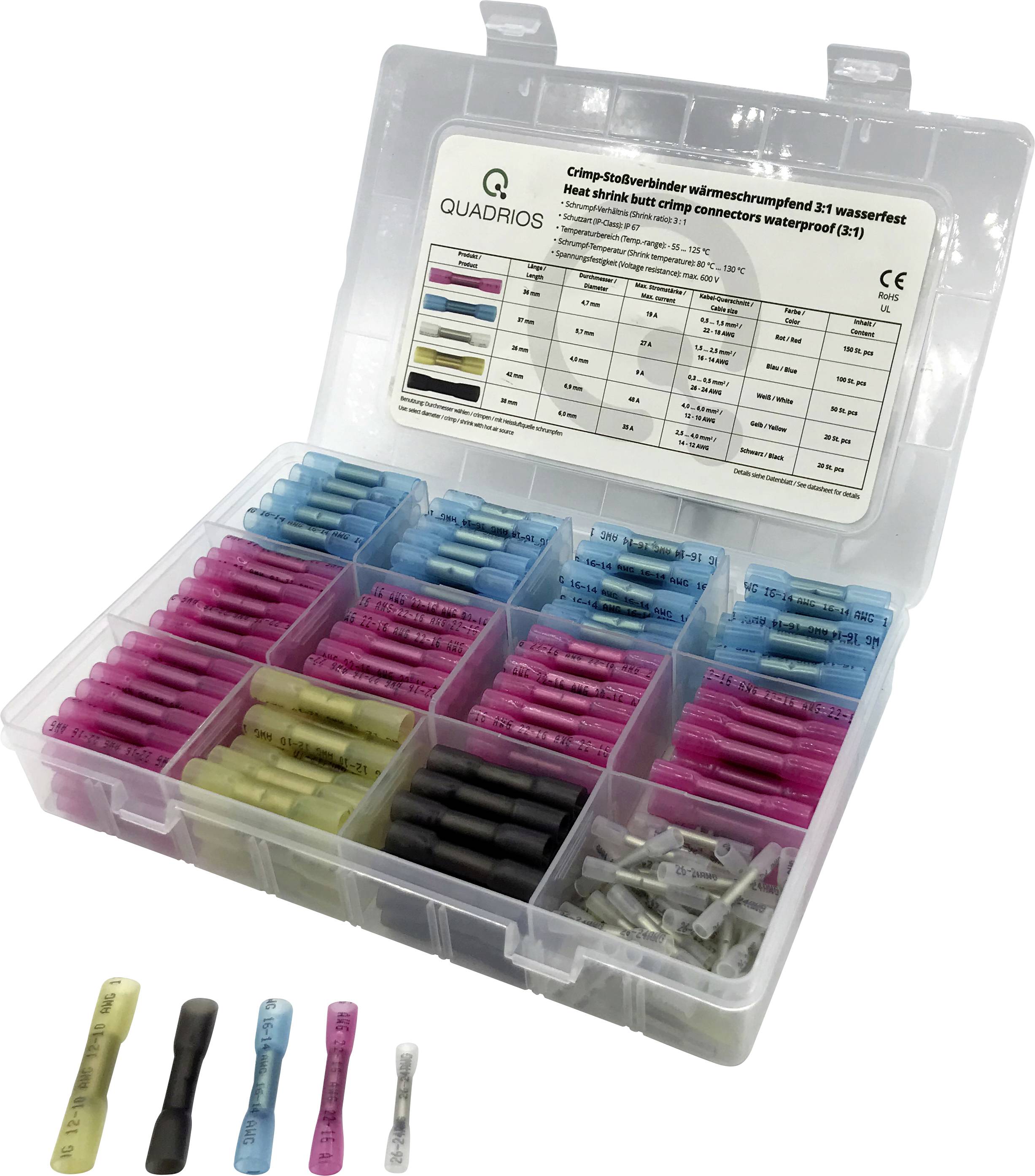 Quadrios 2011C397 Stoßverbinder mit Schrumpfschlauch 0.3mm² 6mm² Vollisoliert Weiß, Rot, Blau, Schwarz, Gelb 340St.