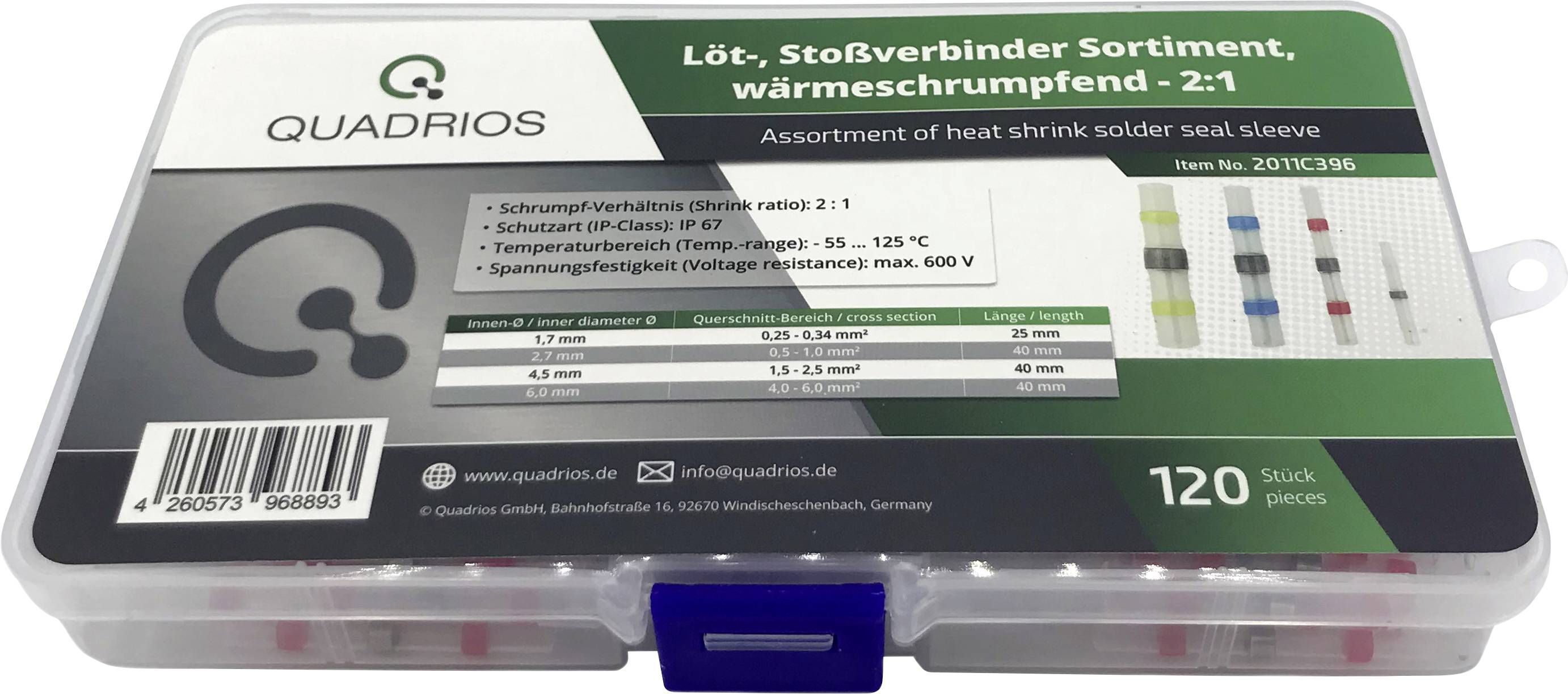 Quadrios 2011C396 Stoßverbinder 0.25mm² 6mm² Vollisoliert Weiß, Rot, Blau, Gelb 120St.