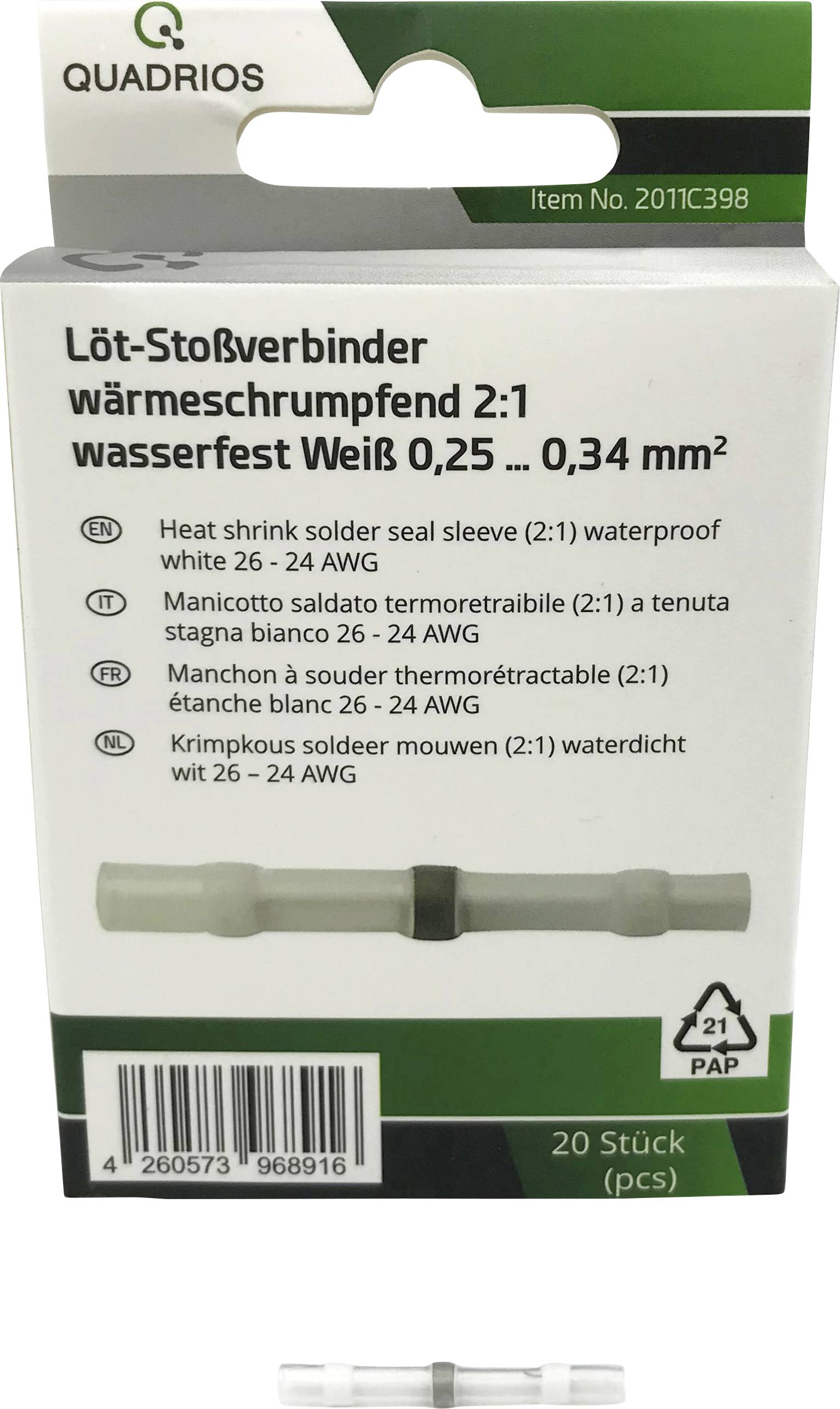 Quadrios 2011C398 Stoßverbinder 0.25 mm² 0.34 mm² Vollisoliert Weiß 20 St.