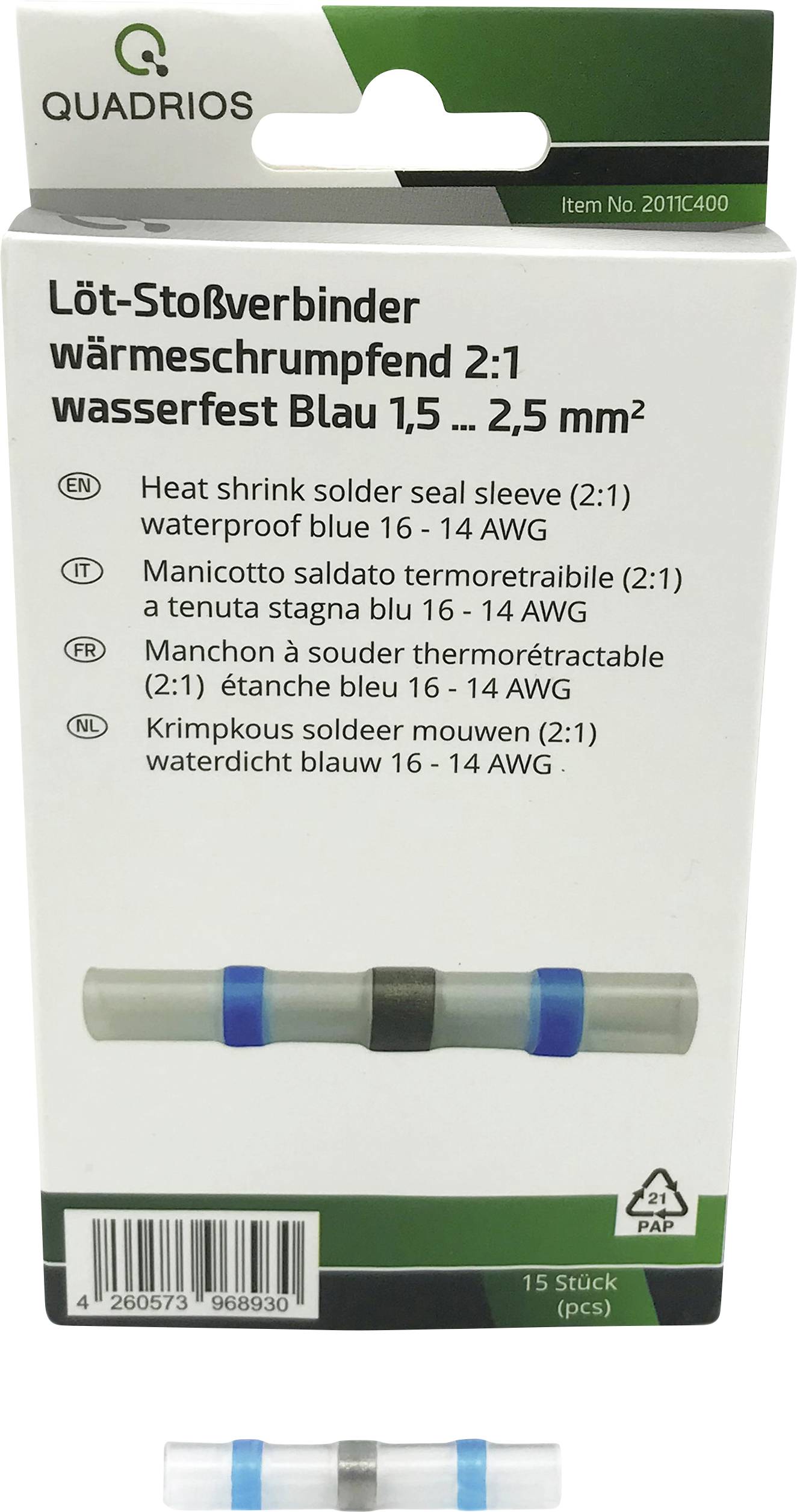 'Quadrios Löt-Stoßverbinder, wärmeschrumpfend, wasserfest, Blau, 1,5–2,5 mm², 15 Stück'. Verpackungsaufdruck in mehreren Sprachen.
