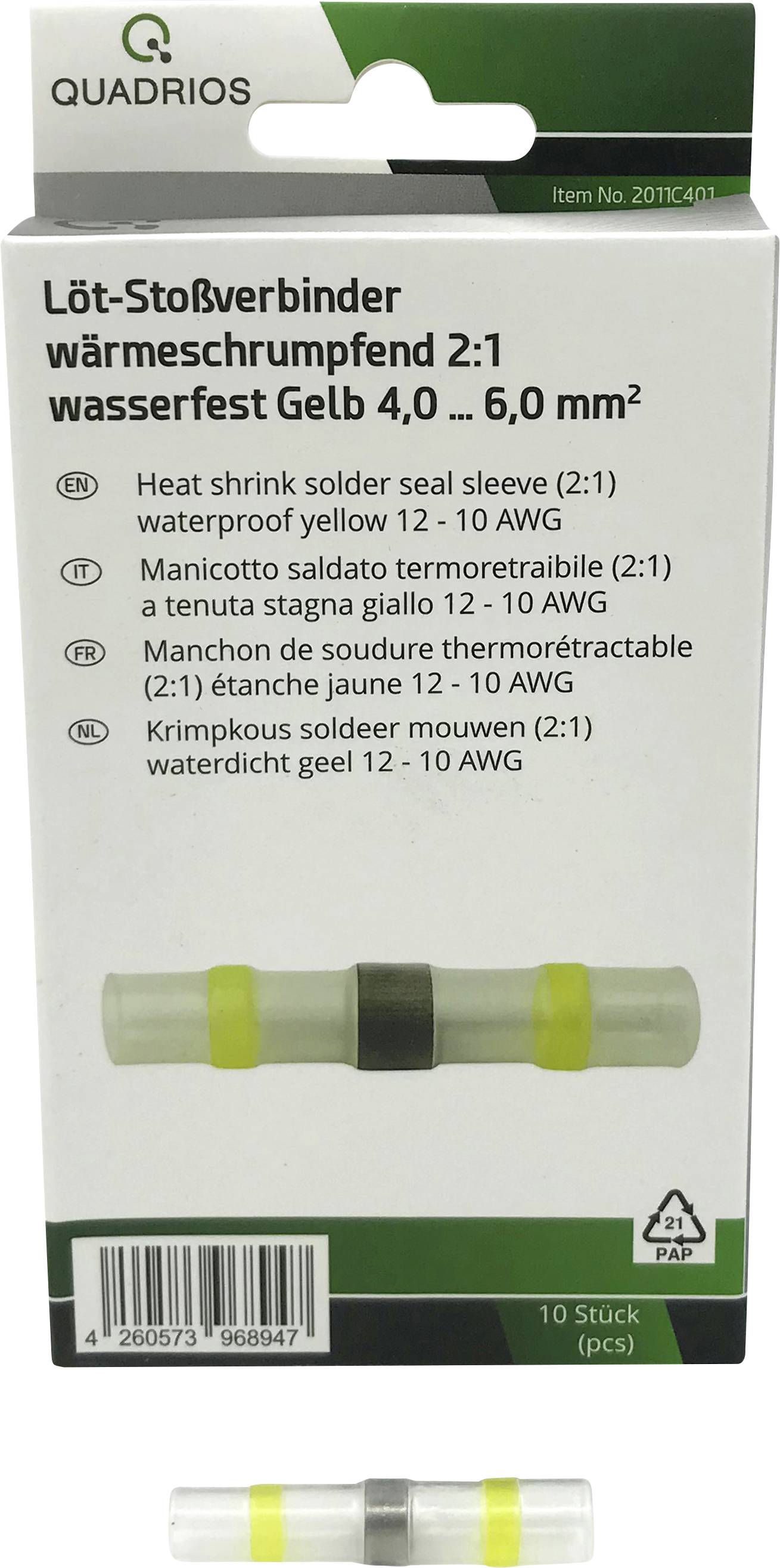 Quadrios 2011C401 Stoßverbinder 4 mm² 6 mm² Vollisoliert Gelb 10 St.