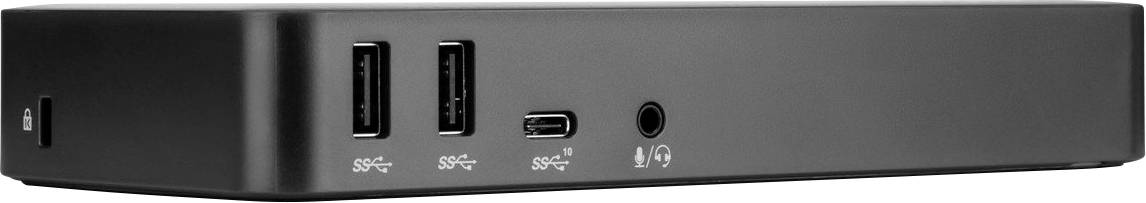 Ein schwarzes Dockingstation mit zwei USB 3.0-Ports, einem USB-C-Port und einem Audioausgang an der Vorderseite.