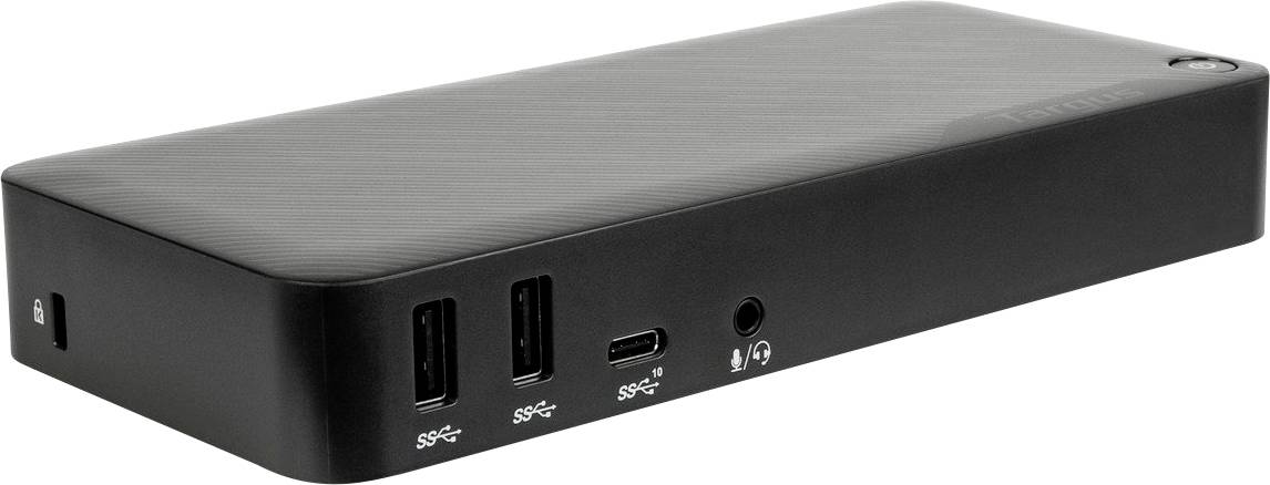 Schwarze Dockingstation mit zwei USB-3.0-Ports, einem USB-C-Port und einem Audiostecker an der Vorderseite.