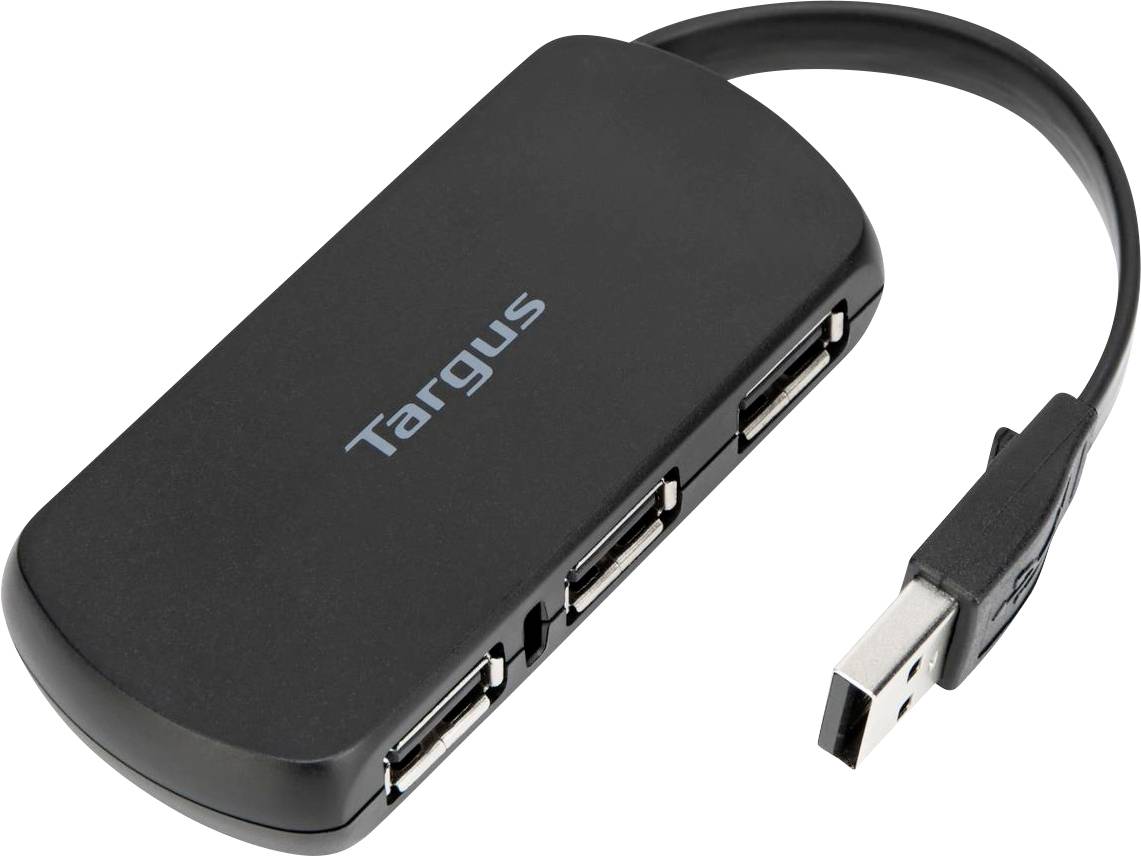 Schwarzer Targus USB-Hub mit vier Anschlüssen und kurzem Kabel.