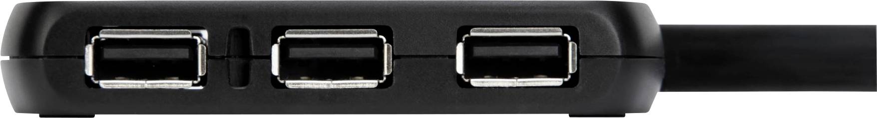 Ein schwarzer USB-Hub mit drei USB-Anschlüssen, seitliche Ansicht, zeigt die Anschlüsse von vorne.