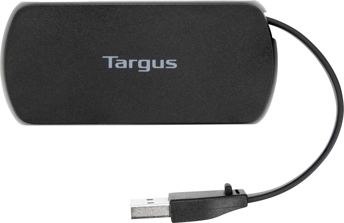 Externe schwarze Festplatte mit USB-Anschlusskabel und dem Markennamen 'Targus' auf der Vorderseite.