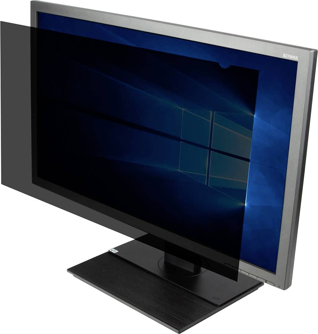 Ein Computermonitor mit einem Sichtschutzfilter, der den Bildschirm verdunkelt und seitliche Blicke verhindert.
