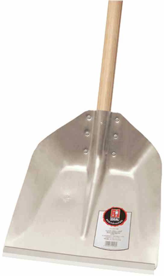 Schaufel mit Holzgriff und breitem Metallschaufelblatt, geeignet für Schnee oder Schutt.