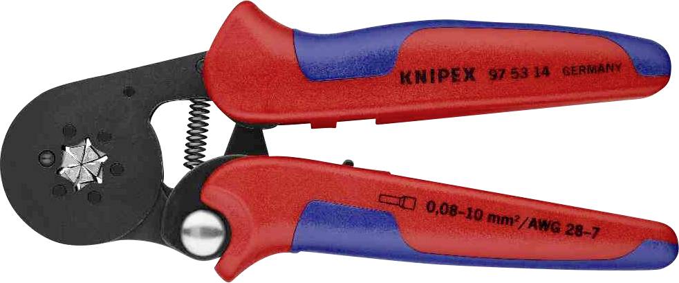 Eine rote und blaue Crimpzange mit der Aufschrift 'Knipex', geeignet für 0,08-10 mm²/AWG 28-7, auf weißem Hintergrund.